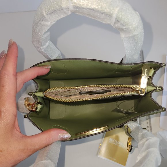 Michael Kors Medium Pebbled Leather Mercer Crossbody Bag Sage Green - Picture 10 of 14